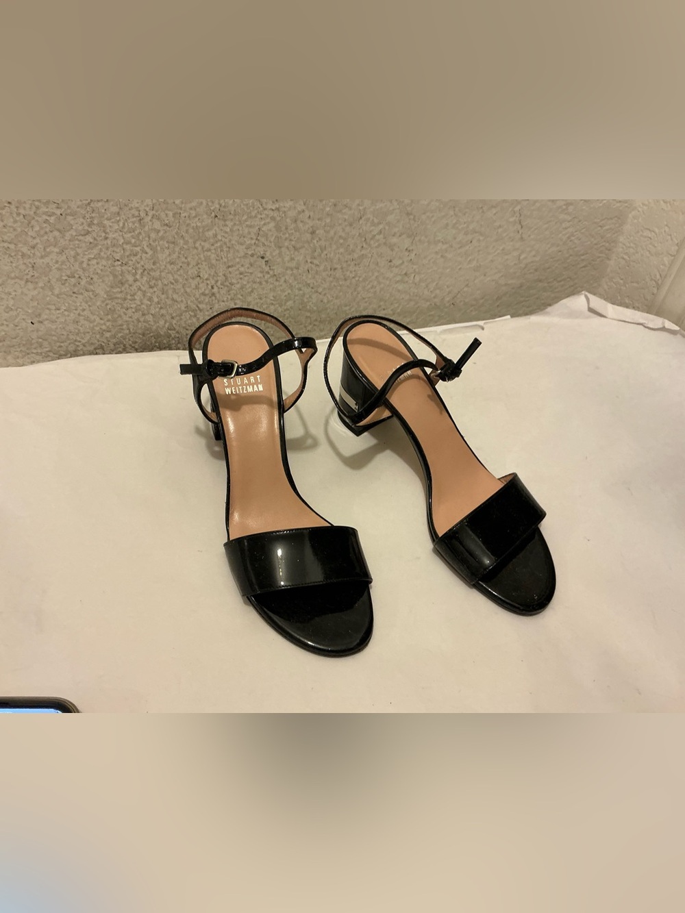 Stuart Weitzman Black Patent Low Block Heel Sandals size 7 SS